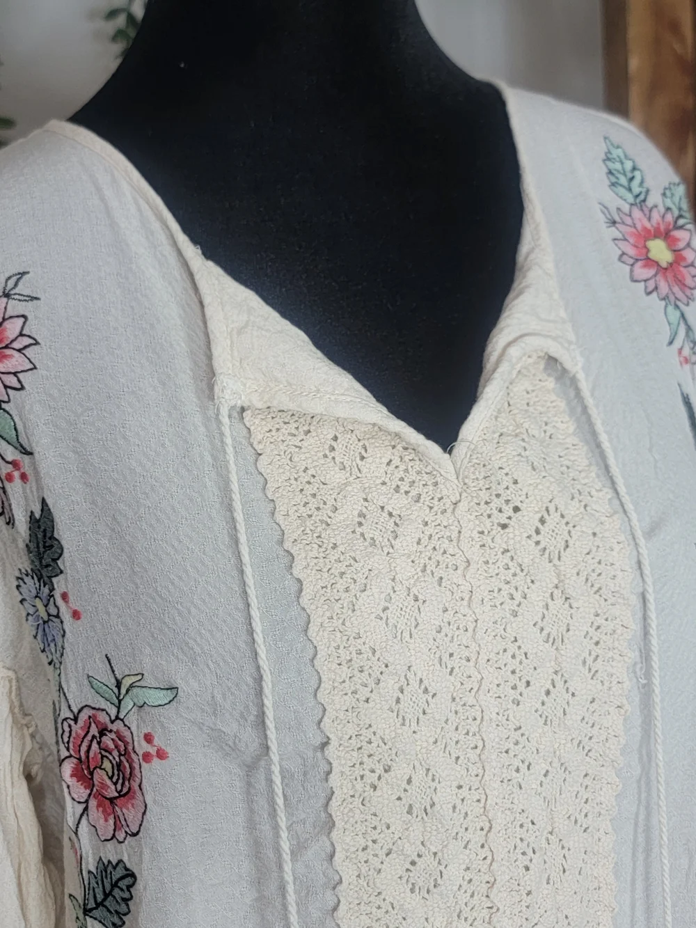 Blue Rain Ivory Embroidered Boho Peasant Blouse | Crochet Lace Tassel Tie Top